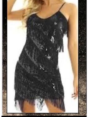 1920S GATSBY V-NECK SEQUINED LAYERED FRINGE FLAPPER MIDI
DRESS - BLACK